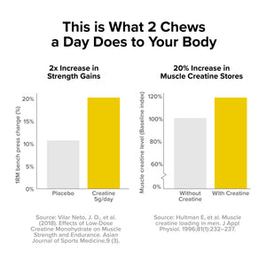 Chart illustrating research showing improved strength gains and increased muscle creatine stores with daily creatine supplementation.