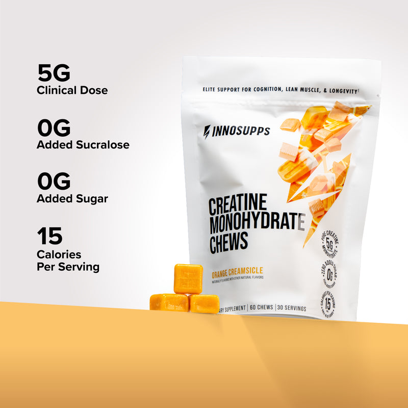 Inno Supps Creatine Monohydrate Chews with key product highlights, including 5 grams of creatine, zero added sugar, and 15 calories per serving.