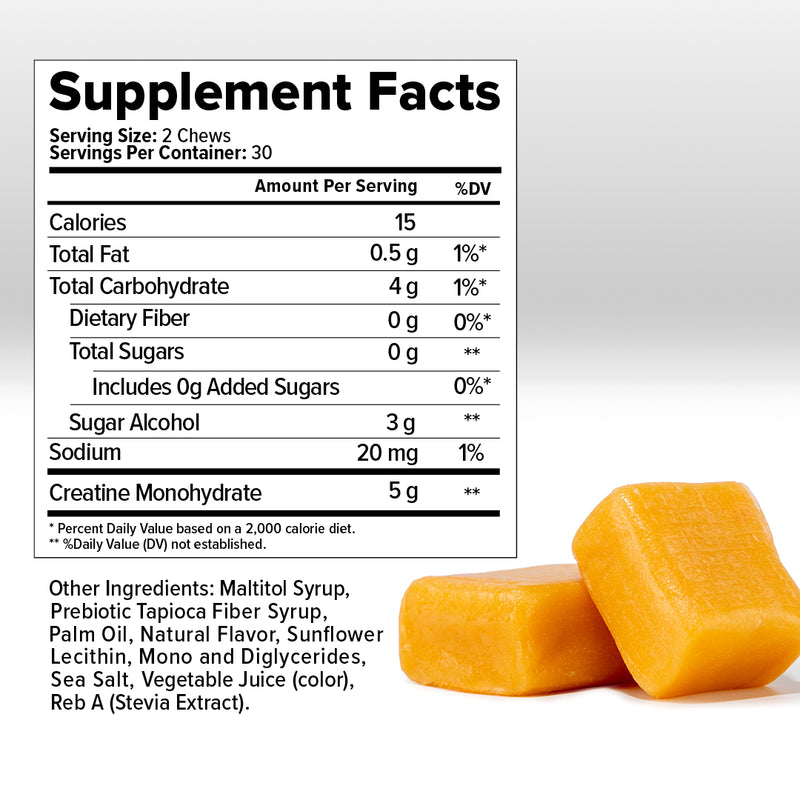 Supplement Facts label for Inno Supps Creatine Monohydrate Chews in Orange Creamsicle flavor, showing 5 grams of creatine per serving, zero added sugar, and 15 calories.