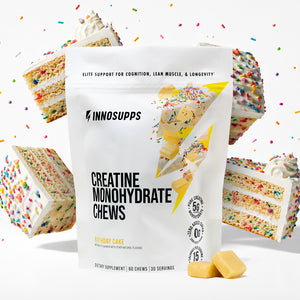 Inno Supps Birthday Cake Creatine Monohydrate Chews pouch displayed with birthday cake slices, sprinkles, and two creatine chews to showcase the flavor.